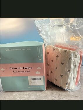 Premium 100% Cotton Muslin Swaddle Blanket Set Of 2- Coral & Cream Hearts